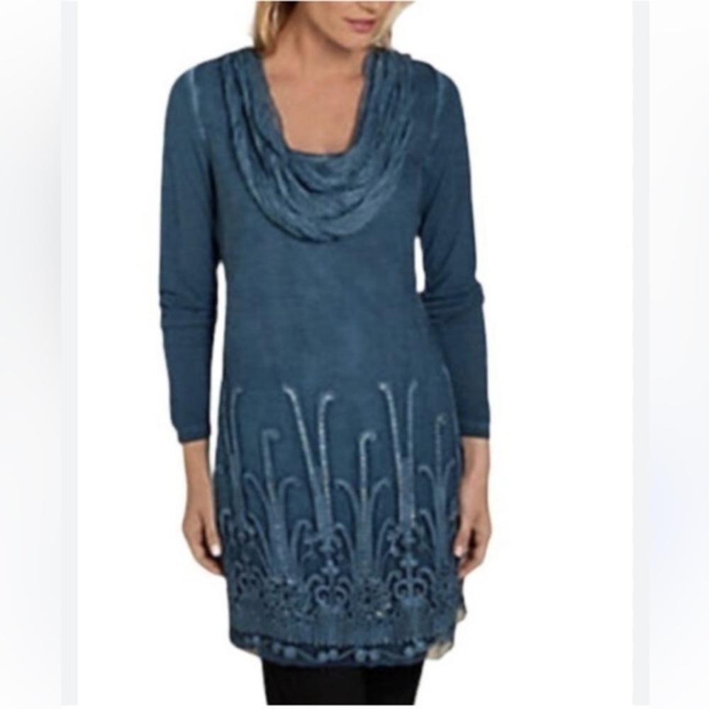 New Soft Surroundings Silk Draped Neck Dress Tunic Embroidered Embellishment SP